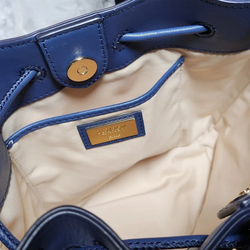 Lauren Ralph Lauren Denim Patchwork Andie Butterfly Bucket Bag Blue Gold NW $295